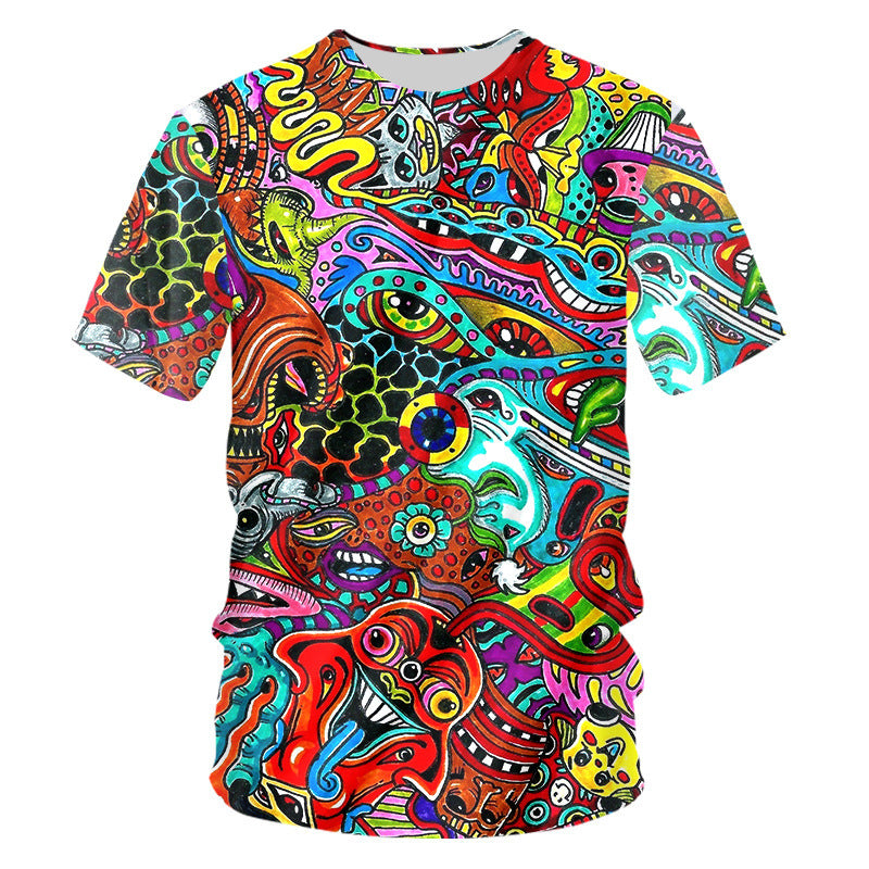 3D Colorful Psychedelic Digital Printing Floral Sweat-wicking Breathable Short Sleeve Casual T-shirt