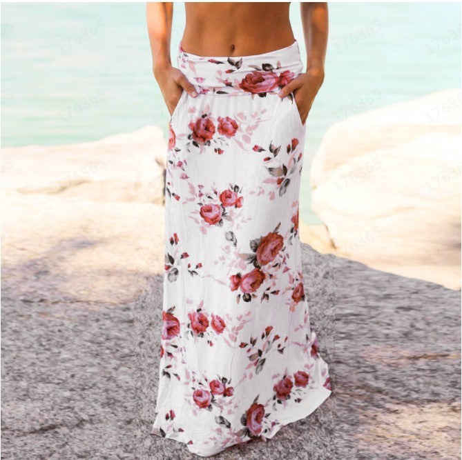 Fashion And Elegant Floral High Waist Bag Hip Print Long Skirt