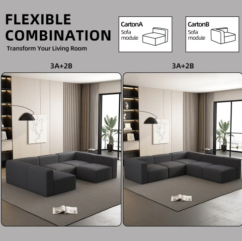 Modular Sectional Sofa Sleeper Couch, Sectional Sofa With Chaise And Ottoman, Convertible U Shaped Modular Sofa Set. Compressed Sponge, Dark Grey