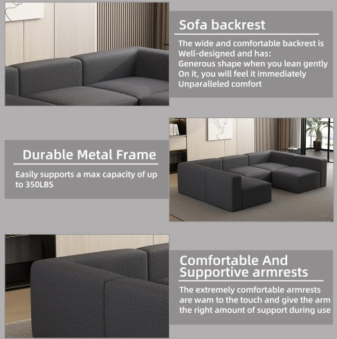 Modular Sectional Sofa Sleeper Couch, Sectional Sofa With Chaise And Ottoman, Convertible U Shaped Modular Sofa Set. Compressed Sponge, Dark Grey