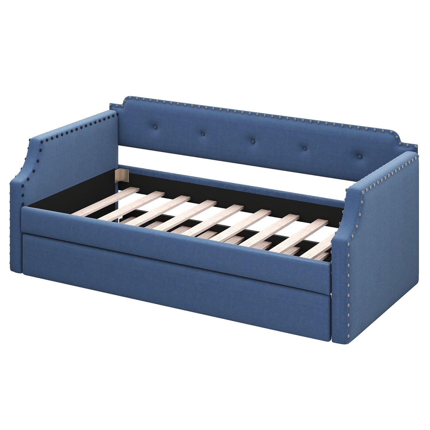 Upholstered Daybed with Trundle, Wood Slat Support,Upholstered Frame Sofa Bed Twin Blue