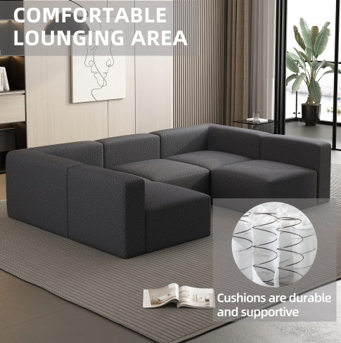 Modular Sectional Sofa Sleeper Couch, Sectional Sofa With Chaise And Ottoman, Convertible U Shaped Modular Sofa Set. Compressed Sponge, Dark Grey