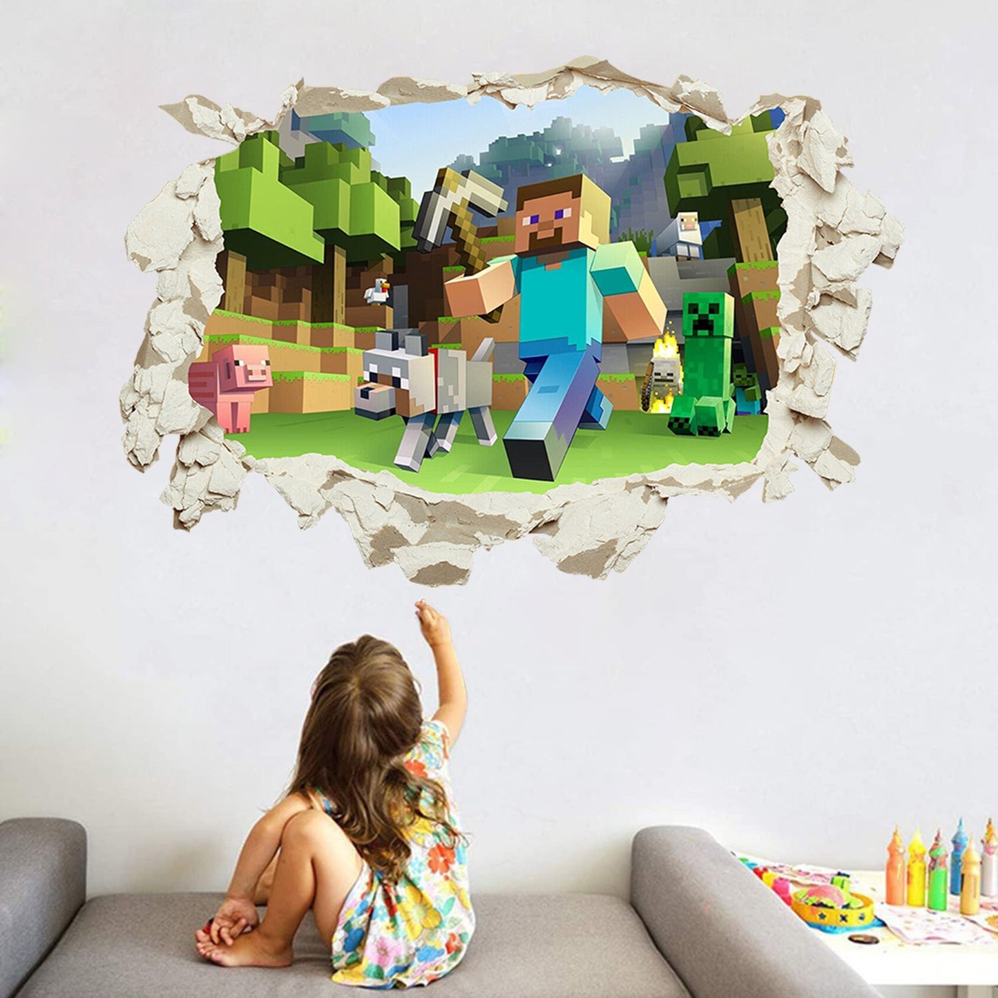 Minecraft run away My World Wall Stickers Living Room Children's Room Removable Decorative PVC Stickers