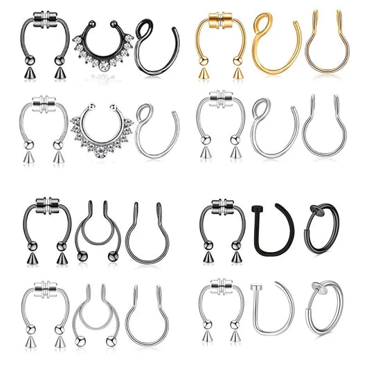 3Pcs Fake Nose Ring Magnetic Septum Ring Fake Nose Ring Hoop Stainless Steel Horseshoe Clip On Nose Ring No-Pierced Septum Ring