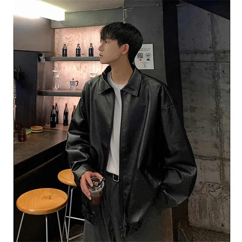 Men's Autumn Loose-fit Vintage American Style Leather Jacket High-end Feel Street Hong Kong Style Pu Leather Jacket