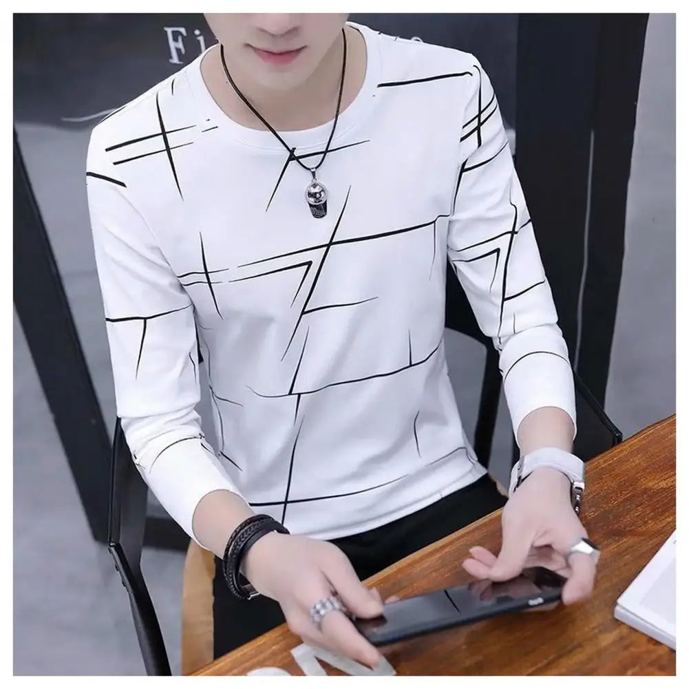 Men T-shirt Contrast Color Thin Pullover Round Neck Long Sleeves Soft Casual Breathable Men Fall Spring Daily Commute Top