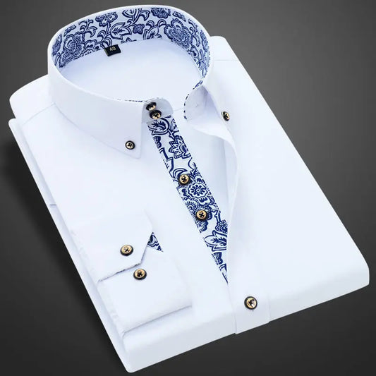 Blue-and-white Porcelain Collar Shirt Men Long Sleeve Korean SlimFit Casual Business Dress Shirts Solid Color White Shirt Cotton