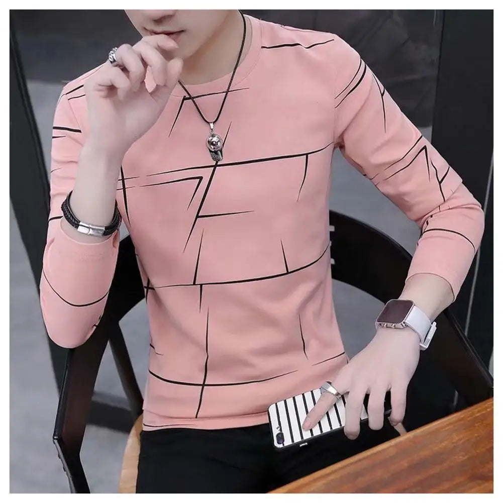 Men T-shirt Contrast Color Thin Pullover Round Neck Long Sleeves Soft Casual Breathable Men Fall Spring Daily Commute Top