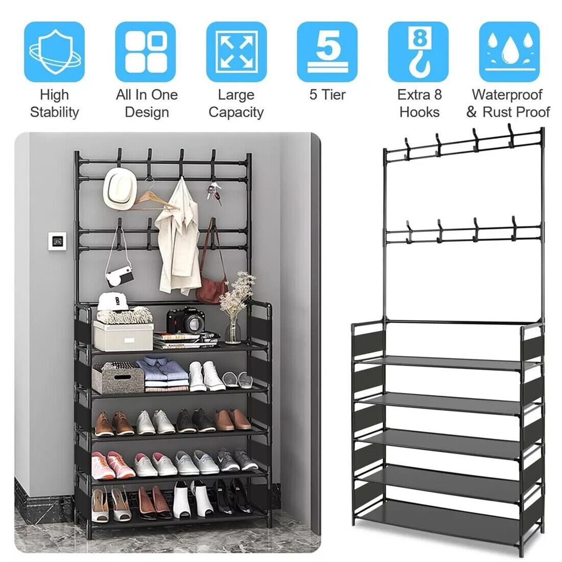 New Coat And Hat Stand 8 Hooks Metal Shoe Rack 5 Tiers Shelf Hanger Black UK