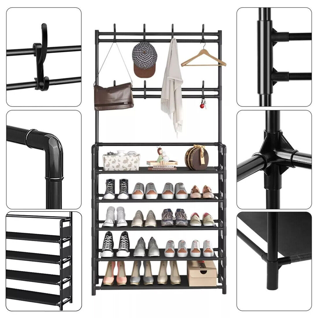 New Coat And Hat Stand 8 Hooks Metal Shoe Rack 5 Tiers Shelf Hanger Black UK